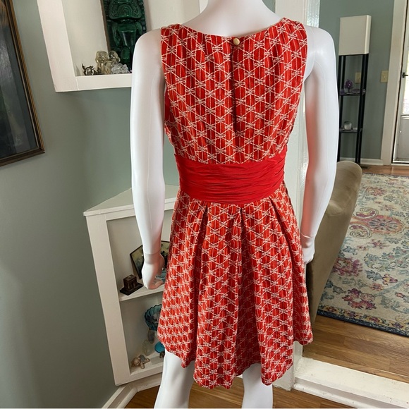 Frock! Tracy Reese Orange-Red Geometric Embroidered Sleeveless Fit Flare Dress - Picture 9 of 16